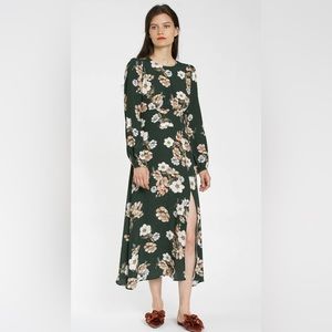 dRA Laurel Canyon Green Floral Midi Dress w Side Slit & Open Back XS EUC